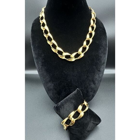 Vintage Napier Gold Tone 80s Chunky Link Statement Necklace 20” Bracelet Set - Picture 1 of 11